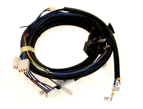 Kabel-Set mit mehreren bunten Drähten und Steckverbindern, einschließlich einem externen Stromstecker, für Anwendungen im Bosch-Gerätebereich.